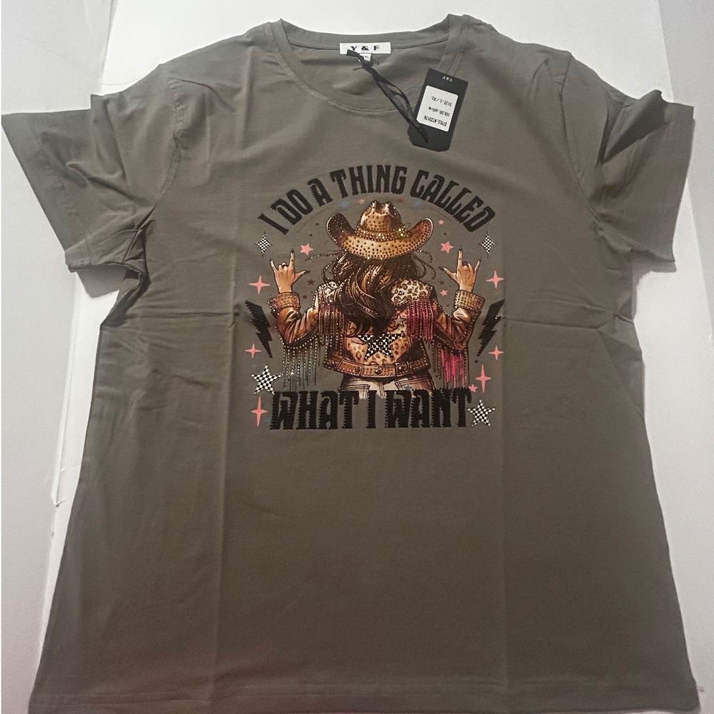 Y&F Women Olive Green Western Cowgirl Graphic Tee Shirt L/XL NWT Rhinestone